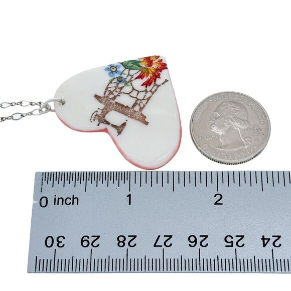 Vintage Sterling Silver Crystal Pearl Accent Ceramic Heart Pendant Necklace 21" - Picture 4 of 5